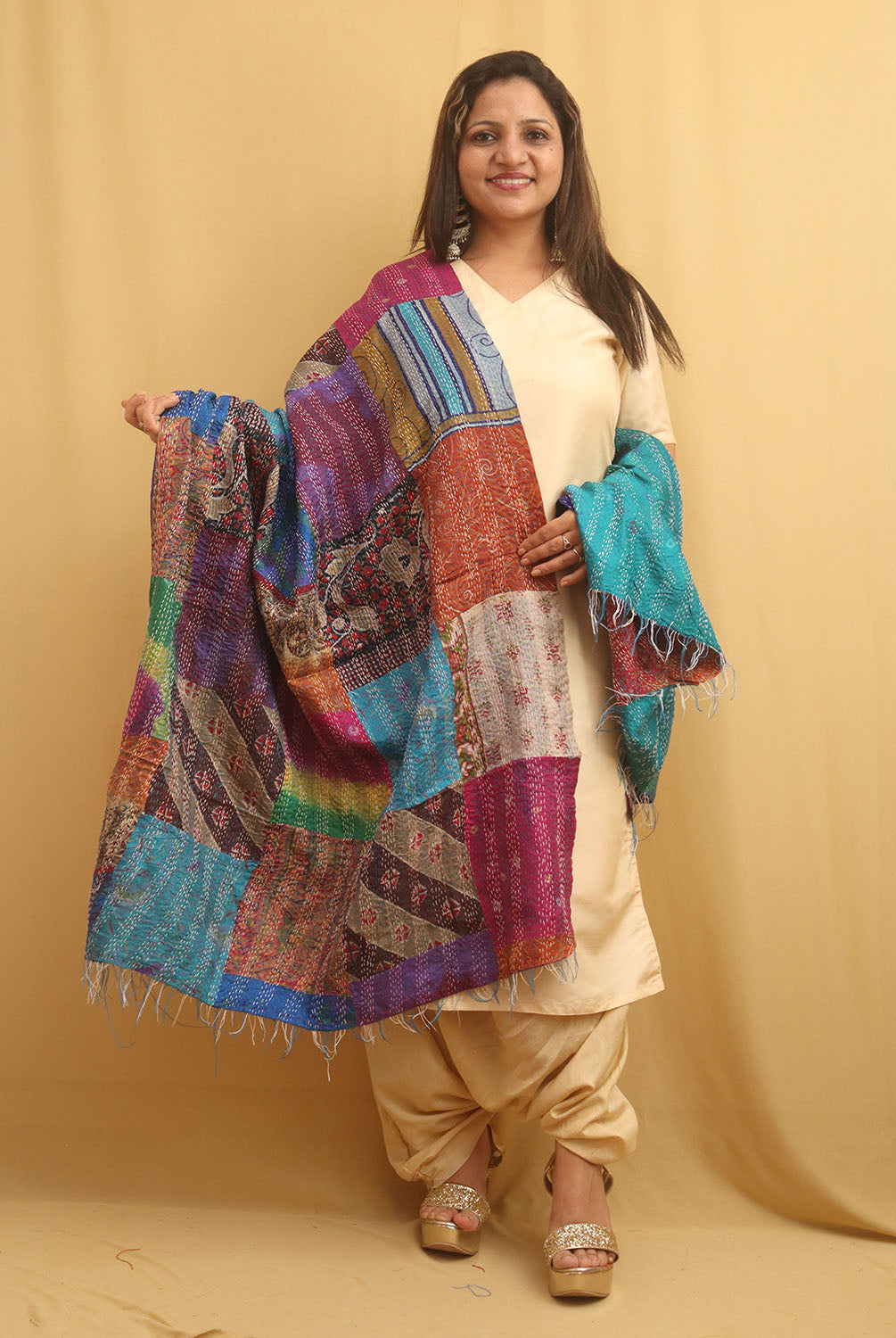 Multicolor Hand Embroidered Kantha Pure Silk Reversible Dupatta - Luxurion World