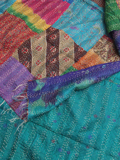 Multicolor Hand Embroidered Kantha Pure Silk Reversible Dupatta - Luxurion World