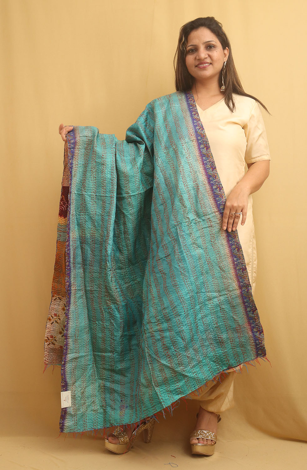 Multicolor Hand Embroidered Kantha Pure Silk Reversible Dupatta - Luxurion World