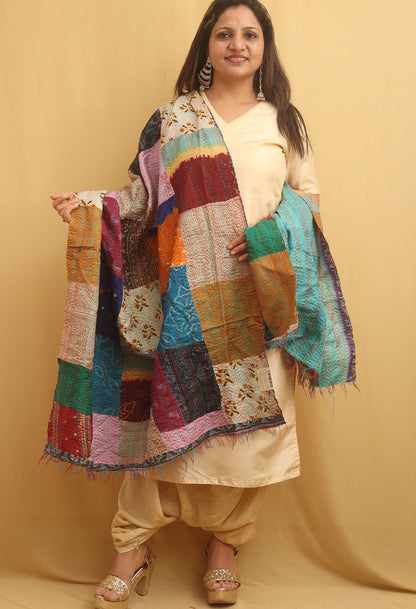 Multicolor Hand Embroidered Kantha Pure Silk Reversible Dupatta - Luxurion World