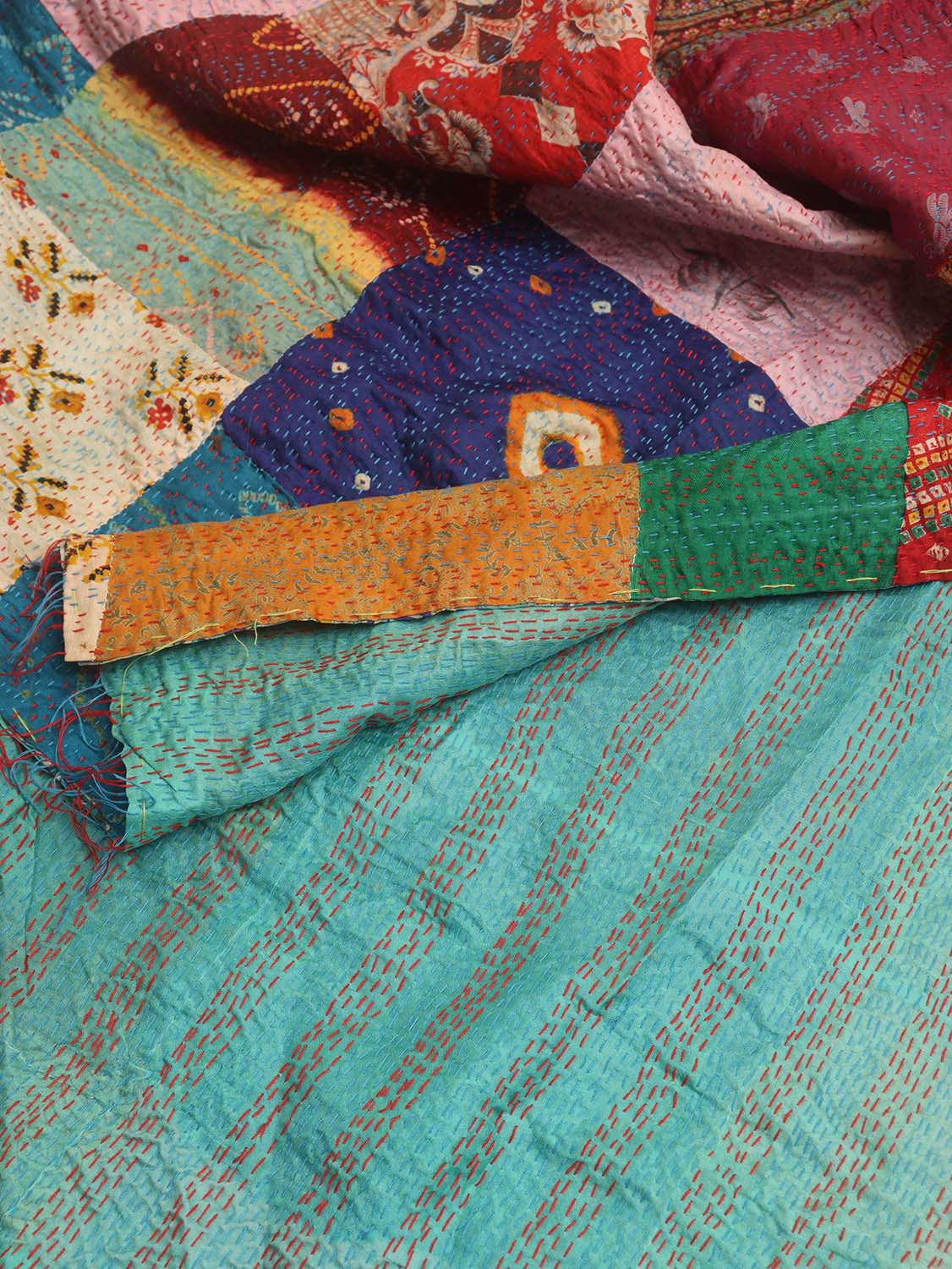 Multicolor Hand Embroidered Kantha Pure Silk Reversible Dupatta - Luxurion World