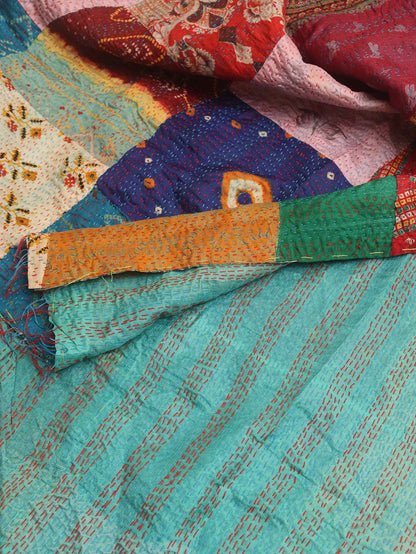 Multicolor Hand Embroidered Kantha Pure Silk Reversible Dupatta - Luxurion World