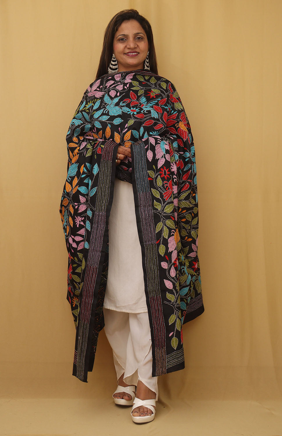 Exquisite Black Kantha Silk Dupatta with Hand Embroidery