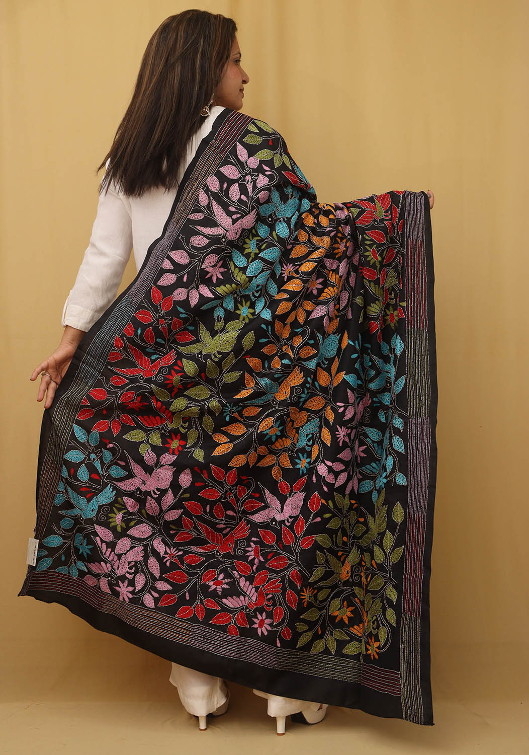 Exquisite Black Kantha Silk Dupatta with Hand Embroidery - Luxurion World