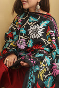 Elegant Black Hand Embroidered Kantha Silk Dupatta - Luxurion World