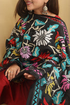 Elegant Black Hand Embroidered Kantha Silk Dupatta - Luxurion World
