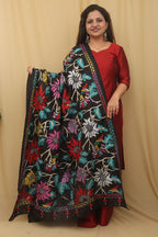 Elegant Black Hand Embroidered Kantha Silk Dupatta - Luxurion World