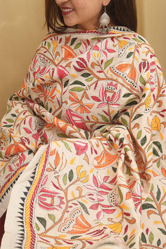 Pastel Kantha Silk Dupatta: Hand-Embroidered Elegance