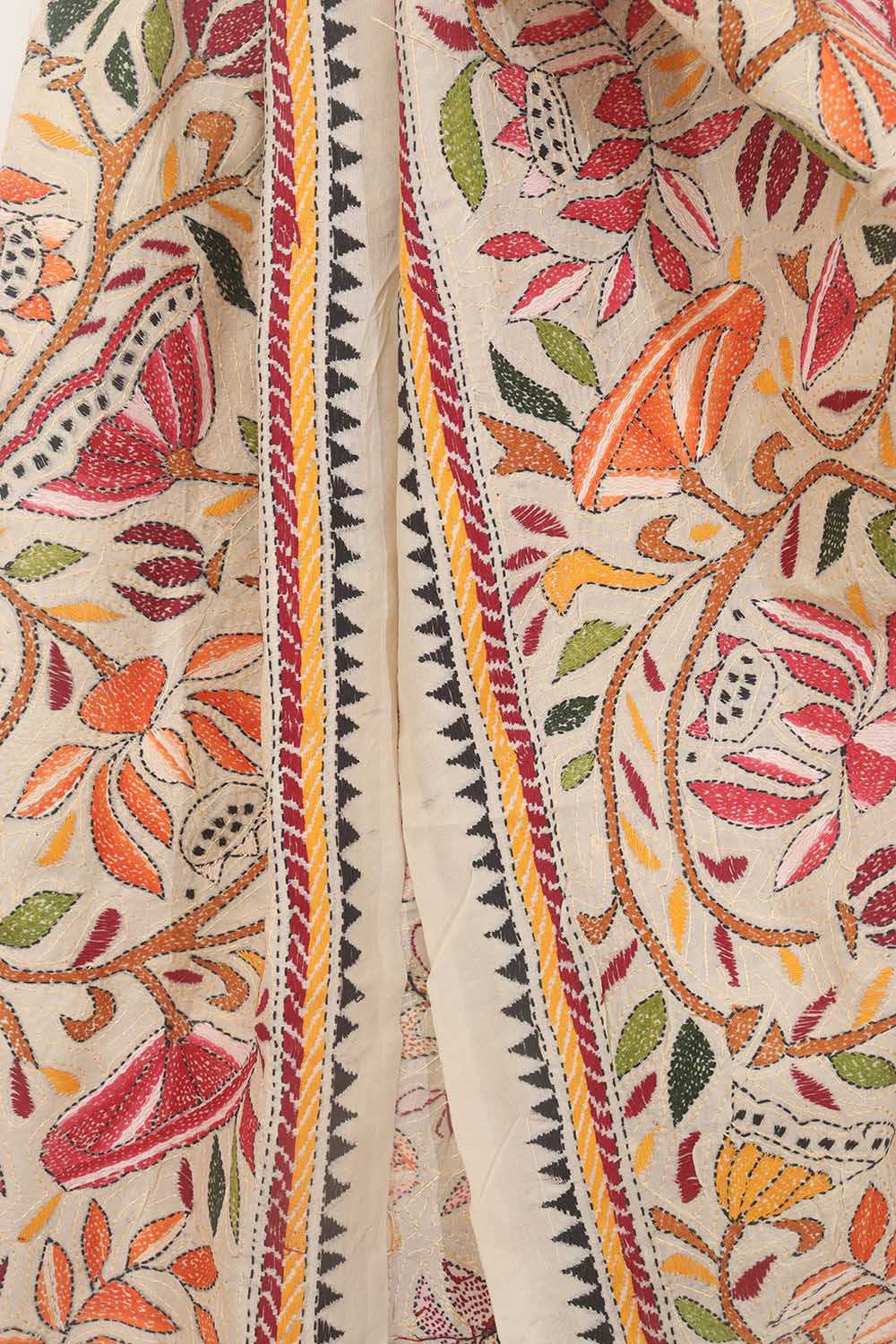 Pastel Kantha Silk Dupatta: Hand-Embroidered Elegance - Luxurion World