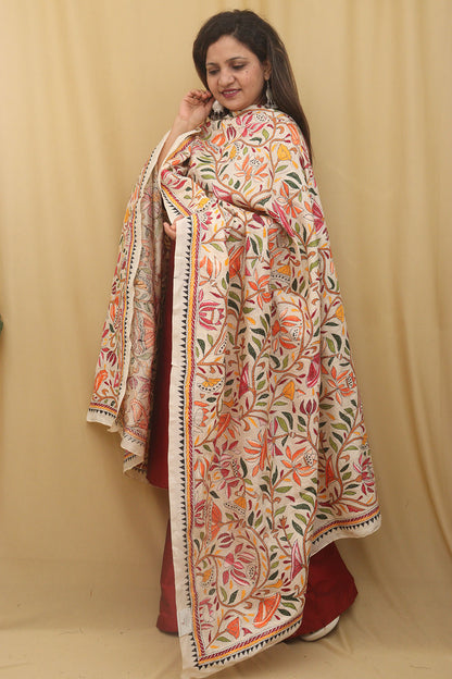 Pastel Kantha Silk Dupatta: Hand-Embroidered Elegance - Luxurion World