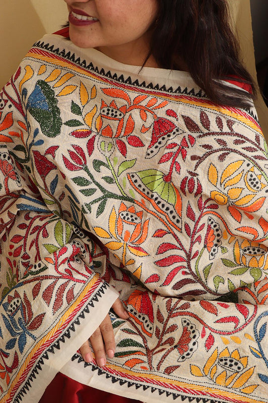 Vibrant Multicolor Hand Embroidered Kantha Pure Tussar Silk Dupatta