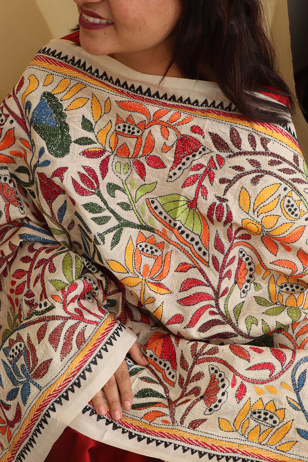 Vibrant Multicolor Hand Embroidered Kantha Tussar Silk Dupatta - Luxurion World