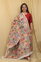 Vibrant Multicolor Hand Embroidered Kantha Tussar Silk Dupatta - Luxurion World