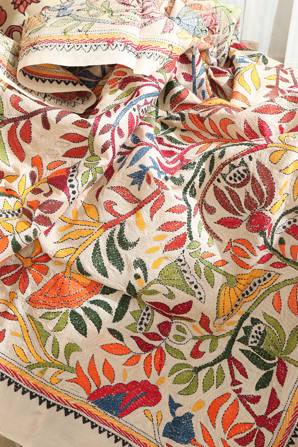 Vibrant Multicolor Hand Embroidered Kantha Tussar Silk Dupatta - Luxurion World
