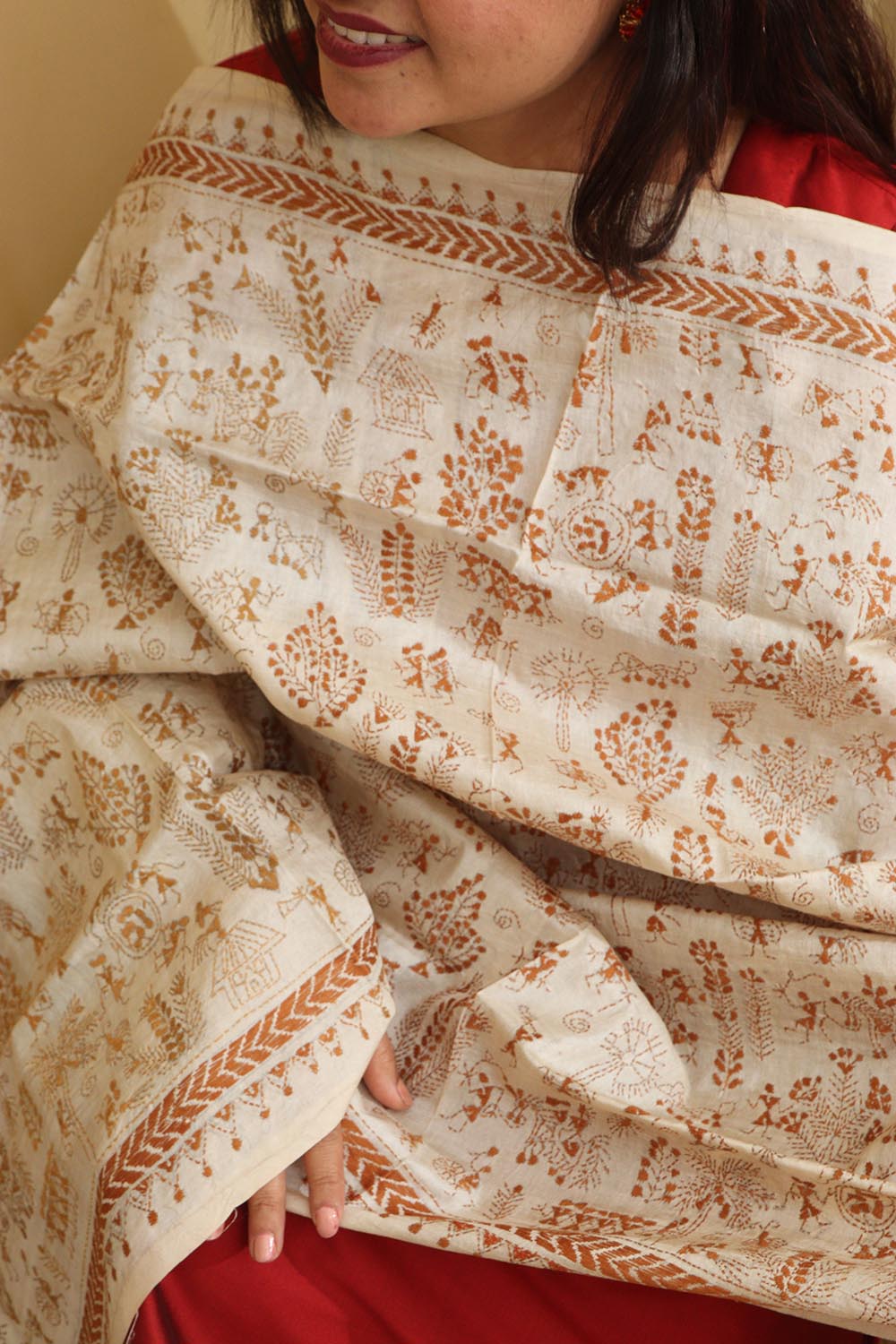 Vibrant Multicolor Hand Embroidered Kantha Pure Tussar Silk Dupatta - Luxurion World