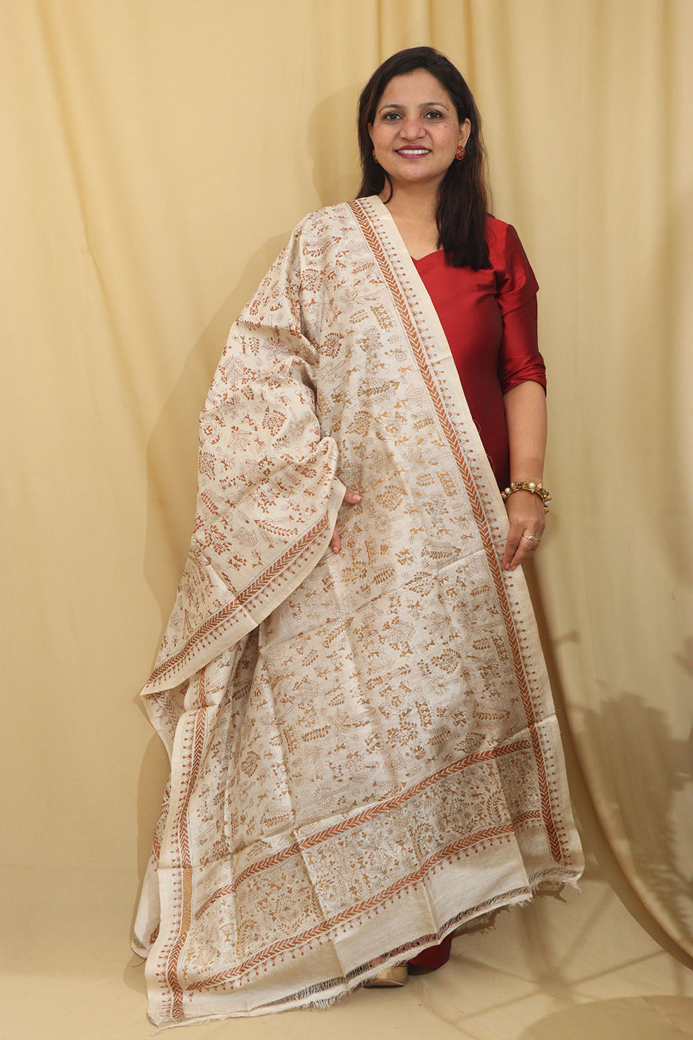 Vibrant Multicolor Hand Embroidered Kantha Pure Tussar Silk Dupatta - Luxurion World