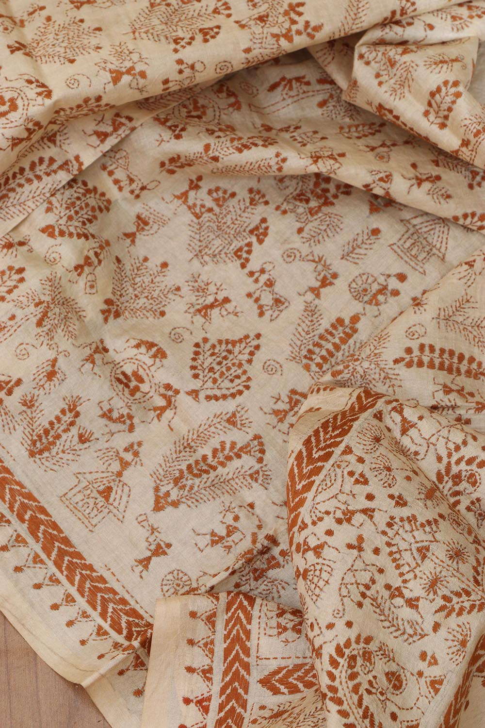 Vibrant Multicolor Hand Embroidered Kantha Pure Tussar Silk Dupatta - Luxurion World