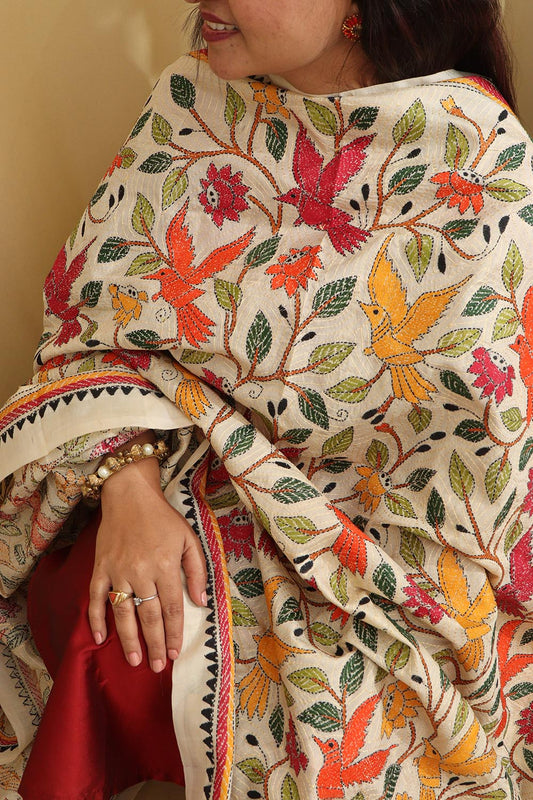 Vibrant Multicolor Hand Embroidered Kantha Tussar Silk Dupatta