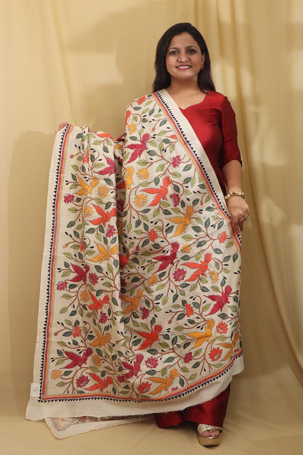 Vibrant Multicolor Hand Embroidered Kantha Tussar Silk Dupatta - Luxurion World