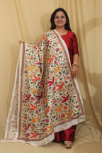 Vibrant Multicolor Hand Embroidered Kantha Tussar Silk Dupatta - Luxurion World