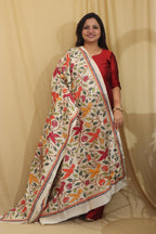 Vibrant Multicolor Hand Embroidered Kantha Tussar Silk Dupatta - Luxurion World
