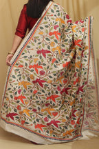 Vibrant Multicolor Hand Embroidered Kantha Tussar Silk Dupatta - Luxurion World