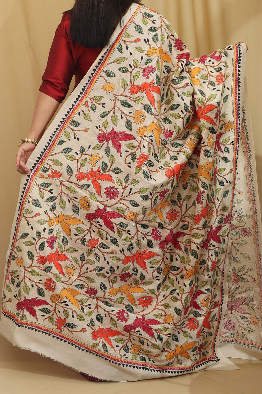 Vibrant Multicolor Hand Embroidered Kantha Tussar Silk Dupatta - Luxurion World