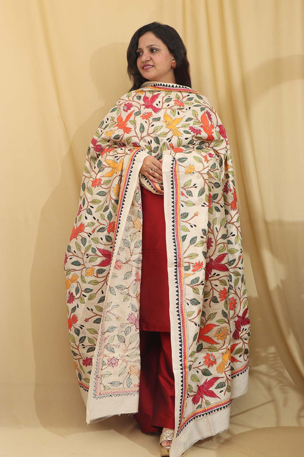 Vibrant Multicolor Hand Embroidered Kantha Tussar Silk Dupatta - Luxurion World