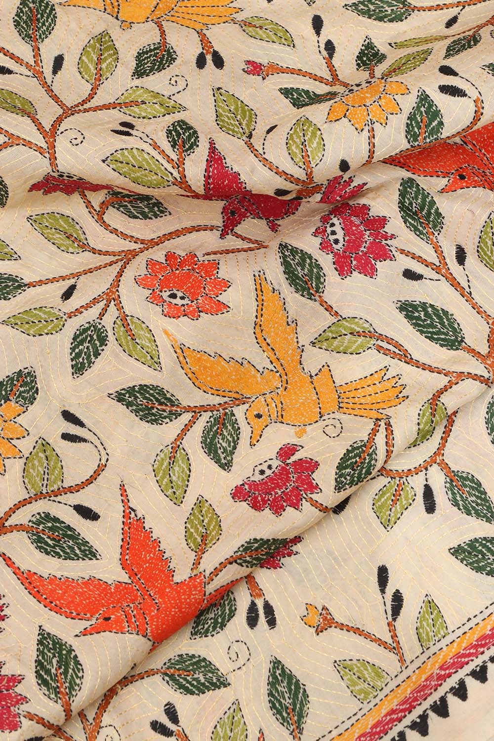 Vibrant Multicolor Hand Embroidered Kantha Tussar Silk Dupatta - Luxurion World