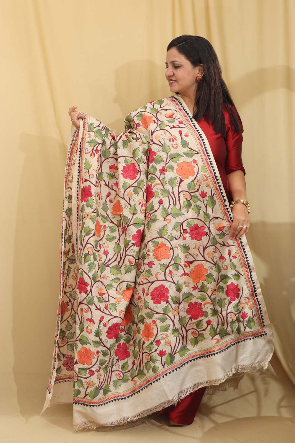 Vibrant Multicolor Hand Embroidered Kantha Tussar Silk Dupatta - Luxurion World