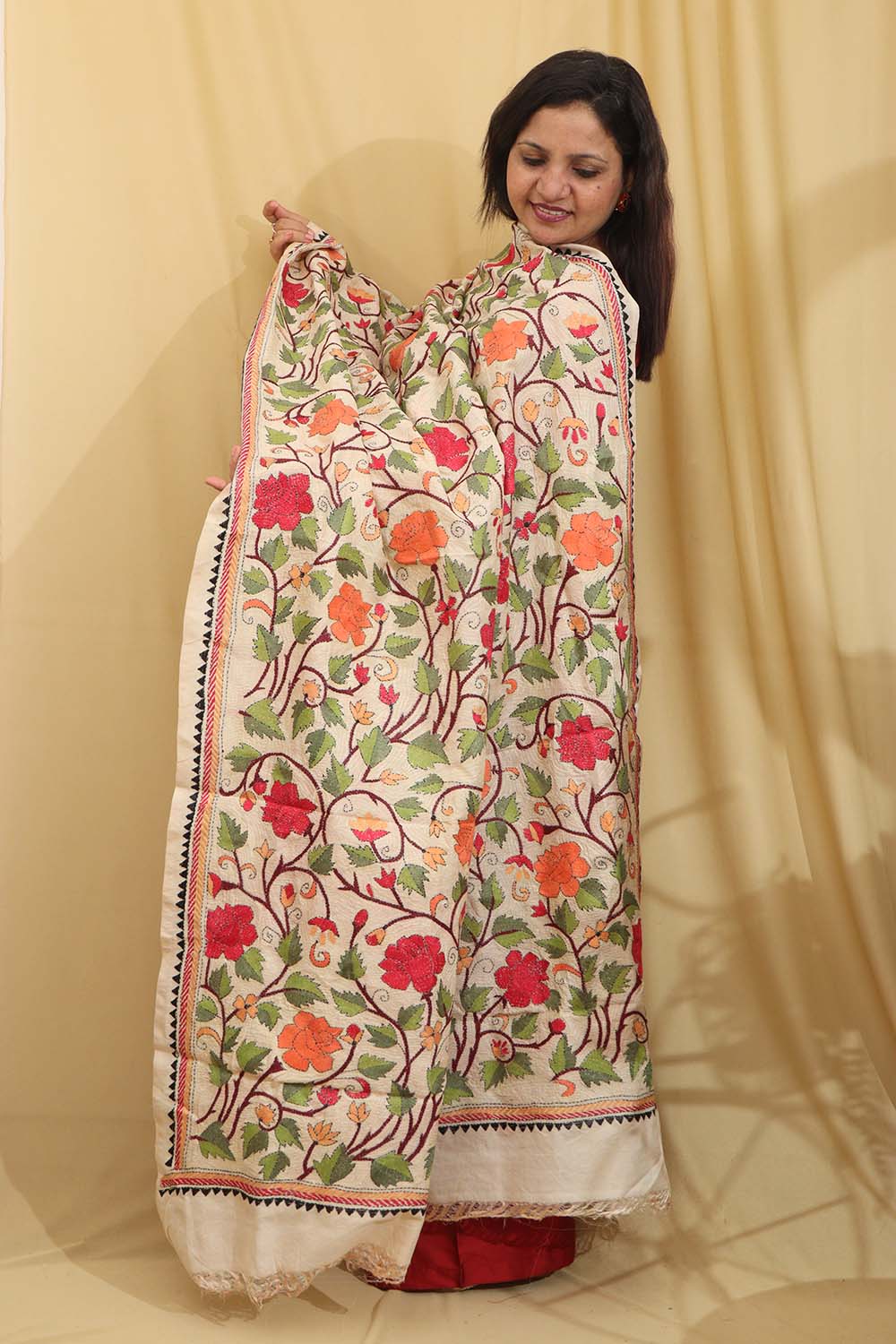 Vibrant Multicolor Hand Embroidered Kantha Tussar Silk Dupatta - Luxurion World