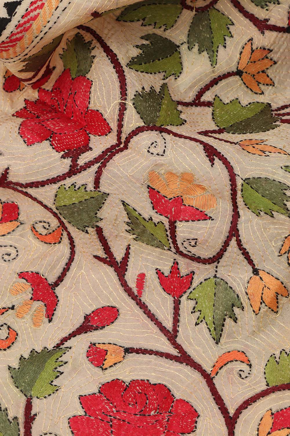 Vibrant Multicolor Hand Embroidered Kantha Tussar Silk Dupatta - Luxurion World