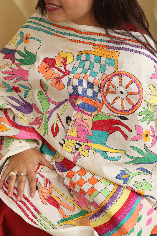 Vibrant Multicolor Hand Embroidered Kantha Tussar Silk Dupatta - Luxurion World