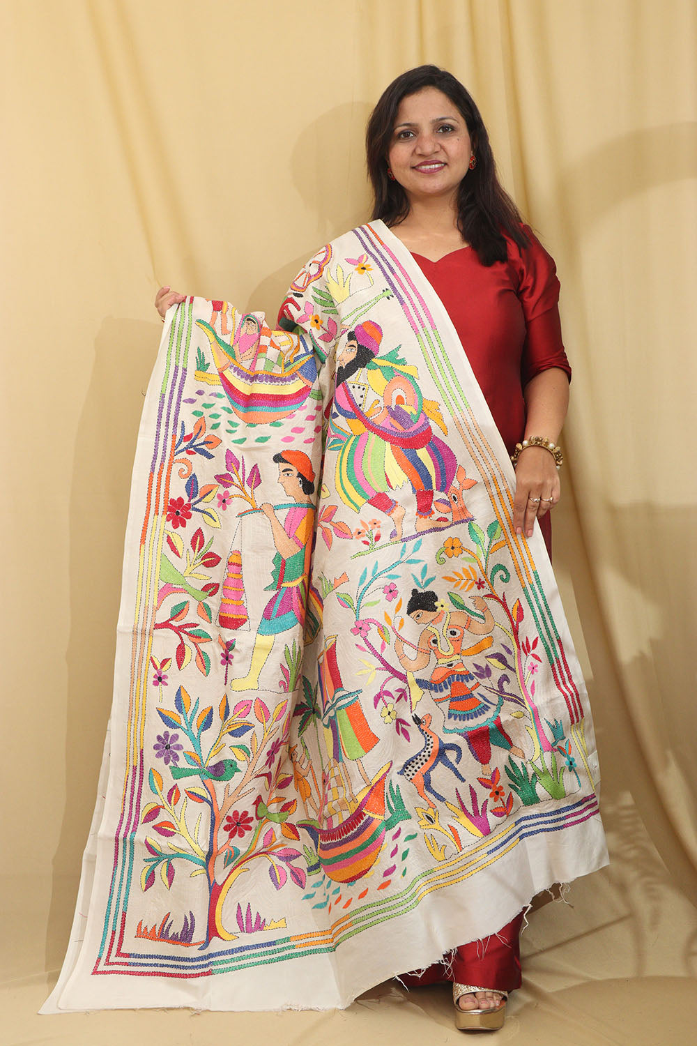 Vibrant Multicolor Hand Embroidered Kantha Tussar Silk Dupatta - Luxurion World