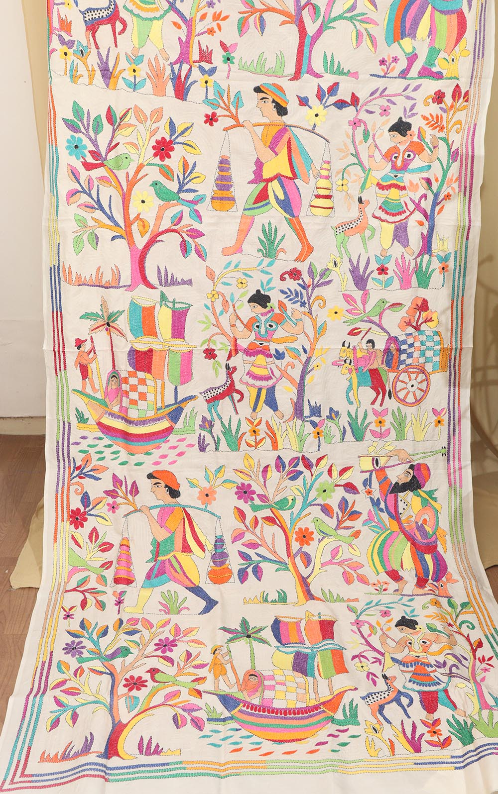Vibrant Multicolor Hand Embroidered Kantha Tussar Silk Dupatta - Luxurion World