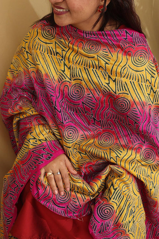 Multicolor Hand Embroidered Kantha Block Printed Pure Tussar Silk Dupatta - Luxurion World