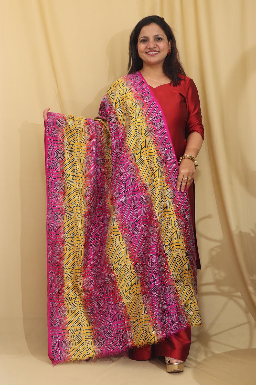 Multicolor Hand Embroidered Kantha Block Printed Pure Tussar Silk Dupatta - Luxurion World