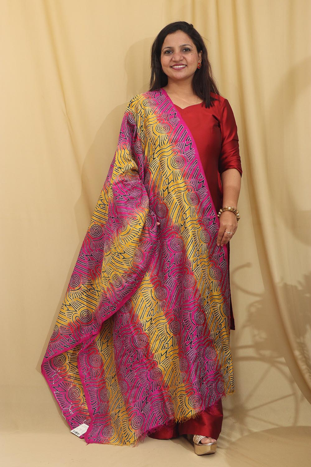 Multicolor Hand Embroidered Kantha Block Printed Pure Tussar Silk Dupatta - Luxurion World