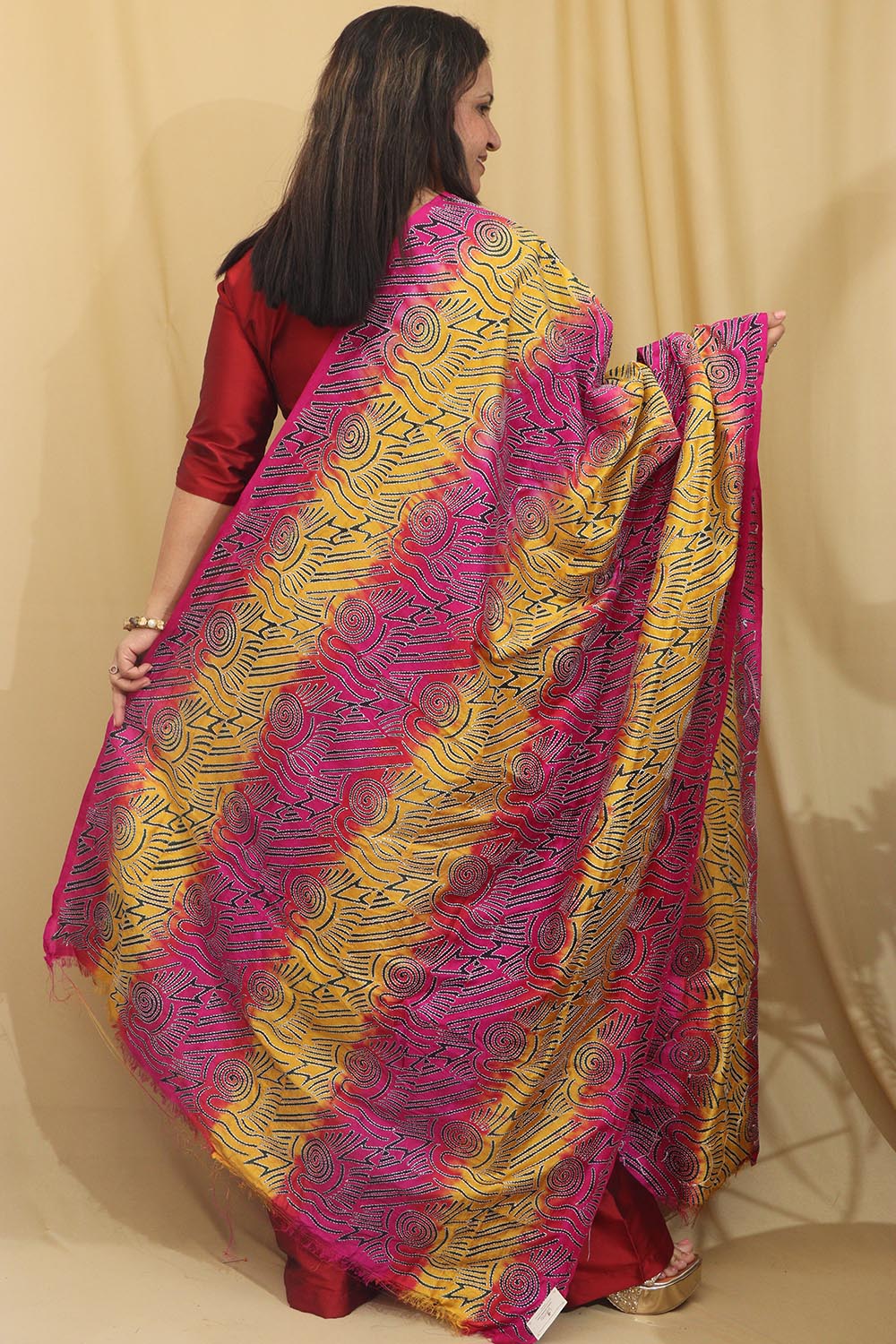 Multicolor Hand Embroidered Kantha Block Printed Pure Tussar Silk Dupatta - Luxurion World