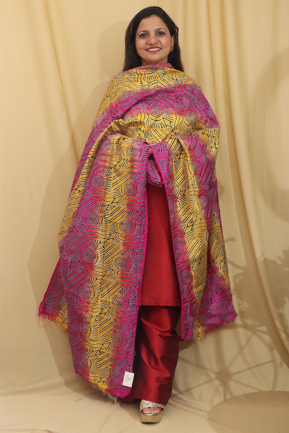 Multicolor Hand Embroidered Kantha Block Printed Pure Tussar Silk Dupatta - Luxurion World