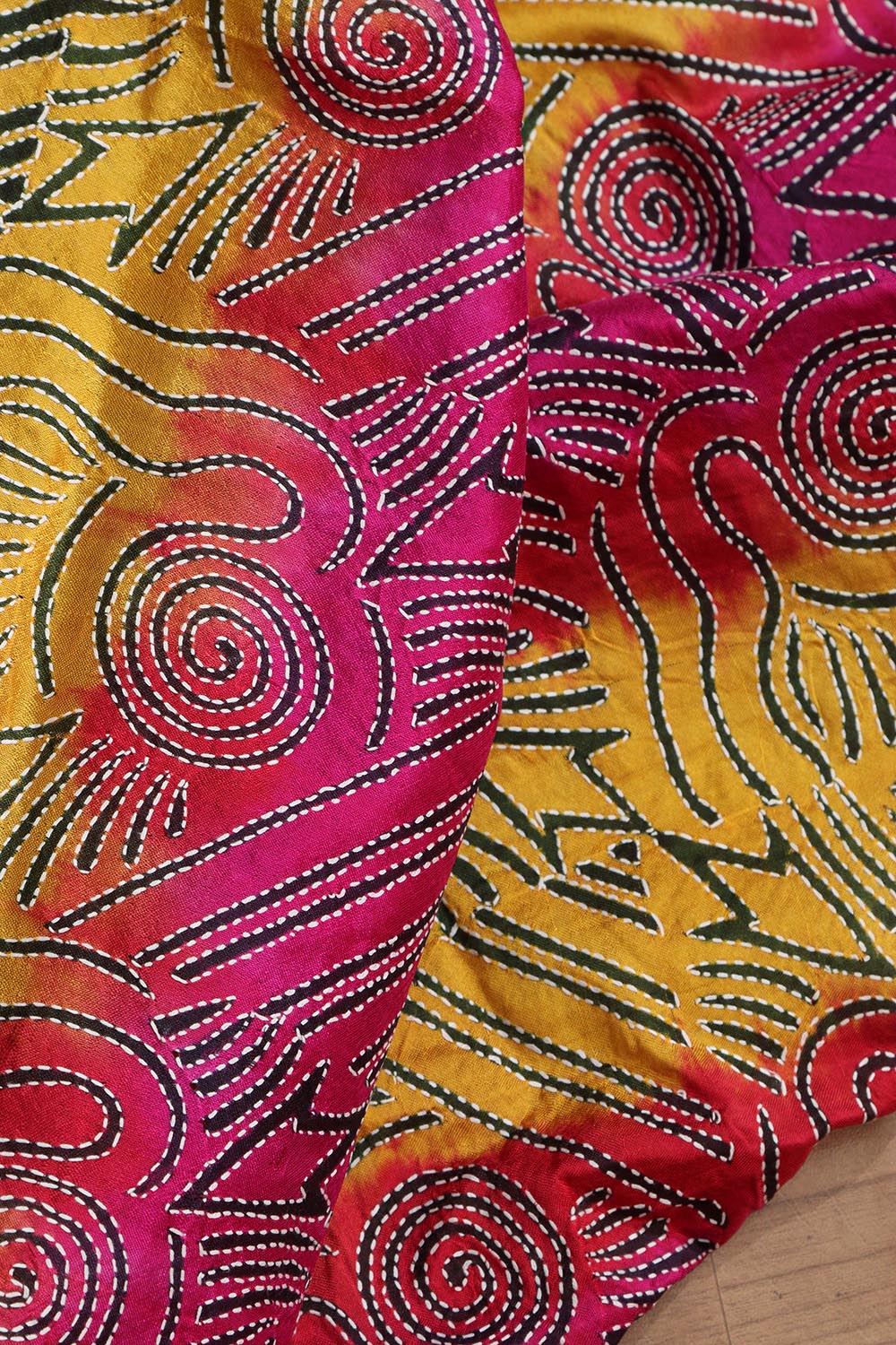 Multicolor Hand Embroidered Kantha Block Printed Pure Tussar Silk Dupatta - Luxurion World