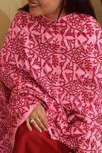 Pink Hand Embroidered Kantha Block Printed Pure Tussar Silk Dupatta - Luxurion World