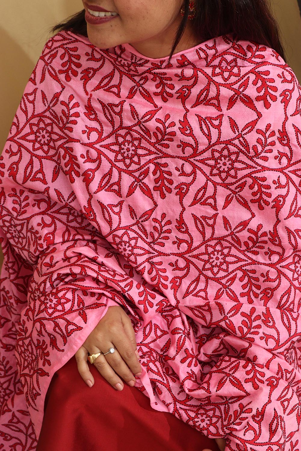 Pink Hand Embroidered Kantha Block Printed Pure Tussar Silk Dupatta - Luxurion World