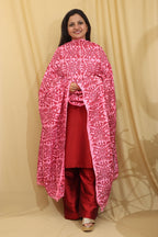 Pink Hand Embroidered Kantha Block Printed Pure Tussar Silk Dupatta - Luxurion World