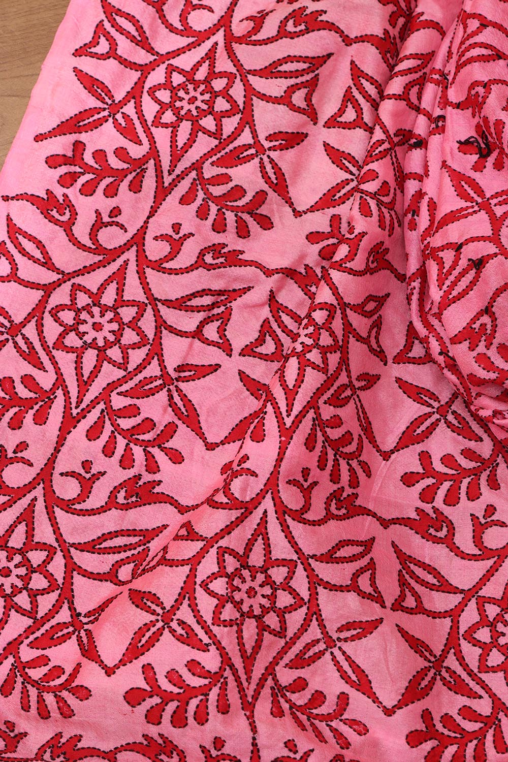 Pink Hand Embroidered Kantha Block Printed Pure Tussar Silk Dupatta - Luxurion World