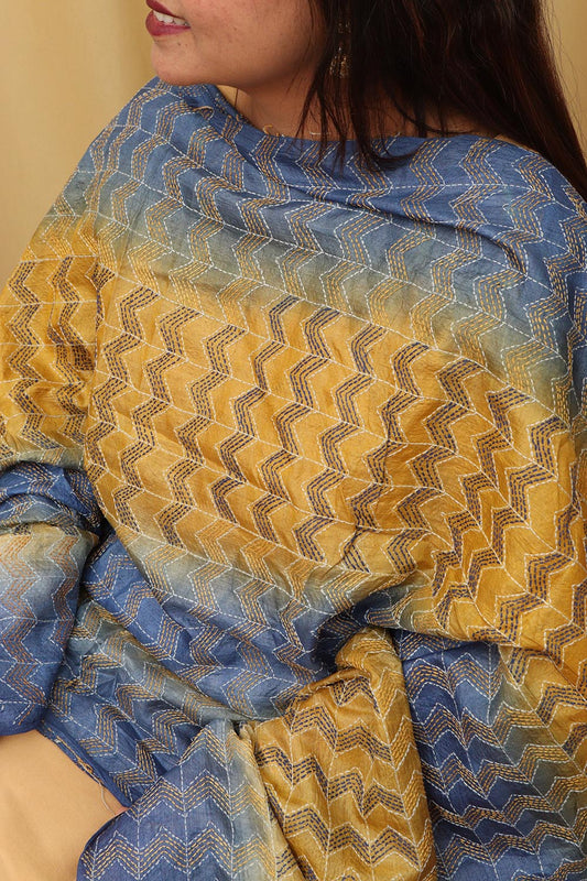 Multicolor Hand Embroidered Kantha Block Printed Pure Tussar Silk Dupatta - Luxurion World