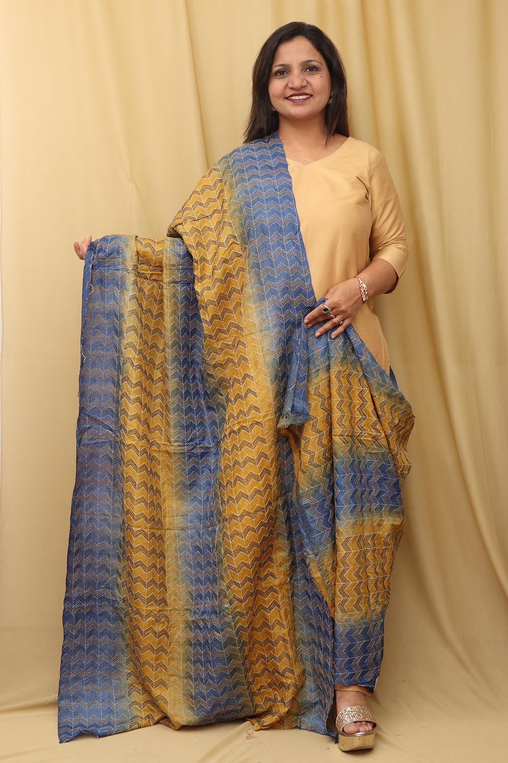 Multicolor Hand Embroidered Kantha Block Printed Pure Tussar Silk Dupatta - Luxurion World