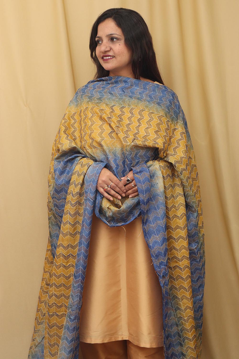 Multicolor Hand Embroidered Kantha Block Printed Pure Tussar Silk Dupatta - Luxurion World
