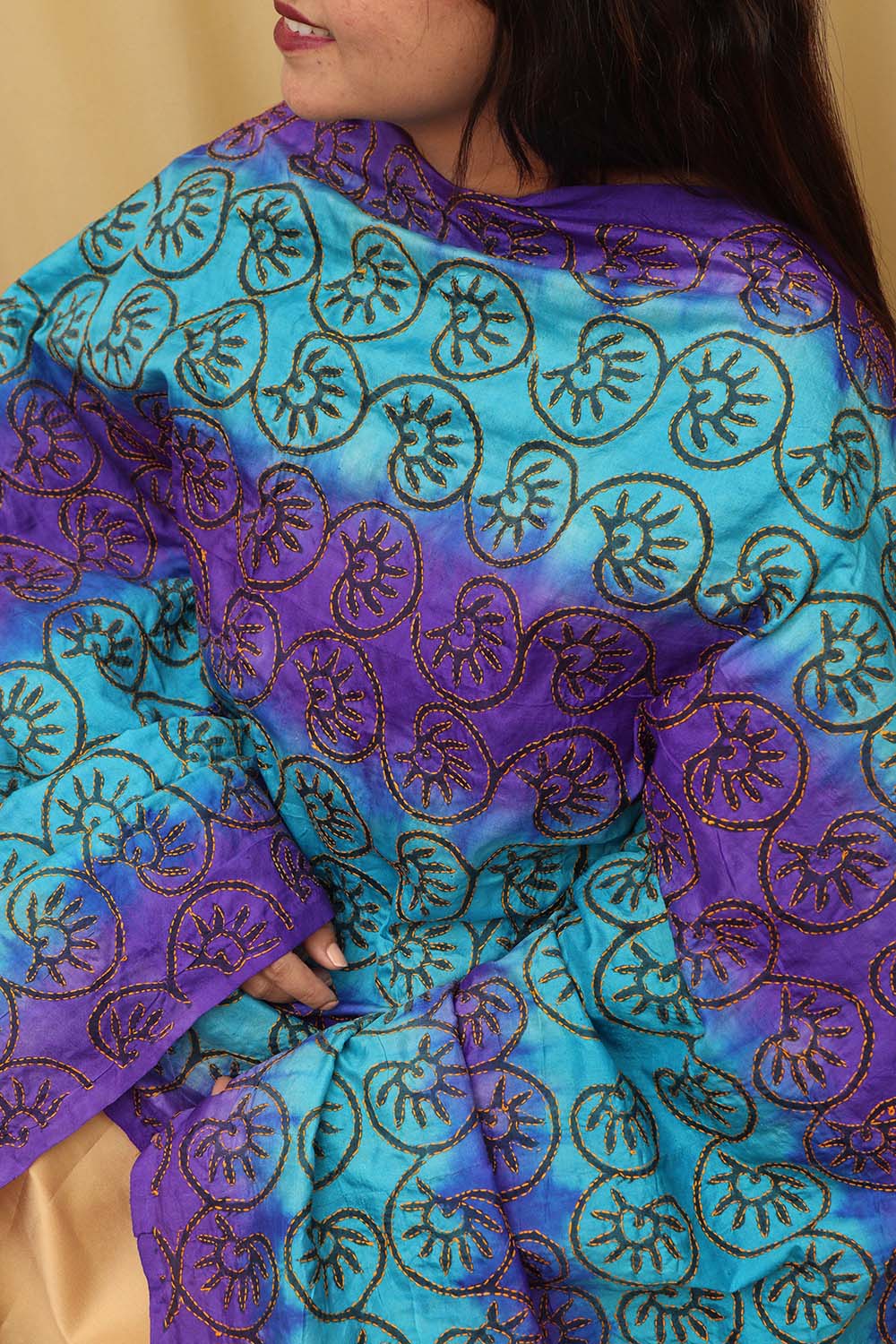 Multicolor Hand Embroidered Kantha Block Printed Pure Tussar Silk Dupatta - Luxurion World