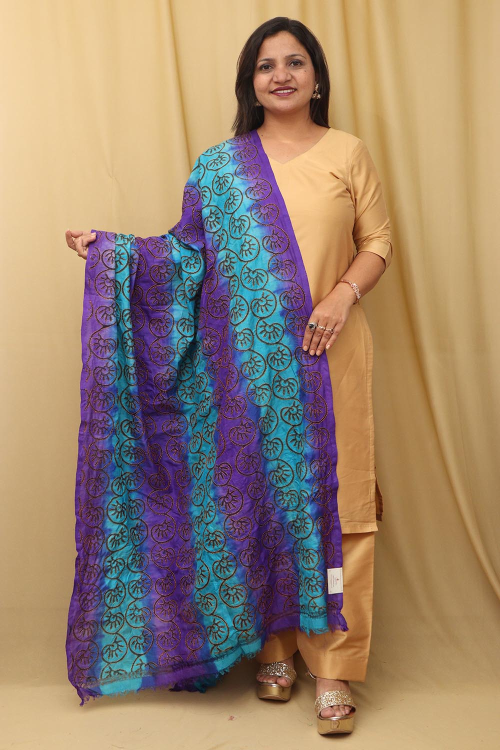 Multicolor Hand Embroidered Kantha Block Printed Pure Tussar Silk Dupatta - Luxurion World